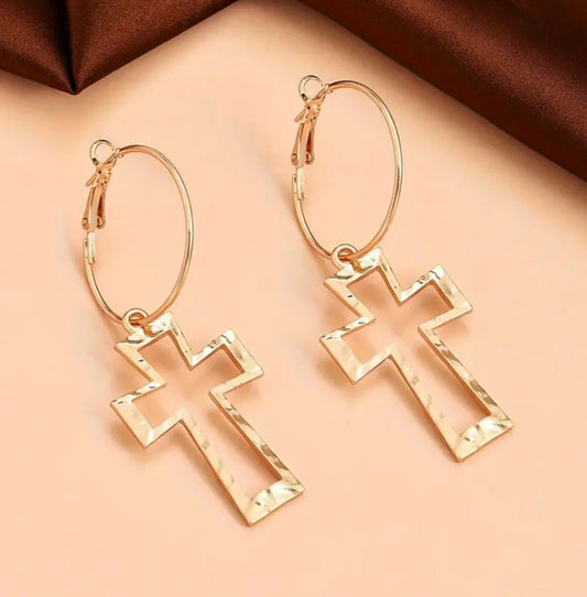 Gold Plated Cross Pendant Hoop Earrings