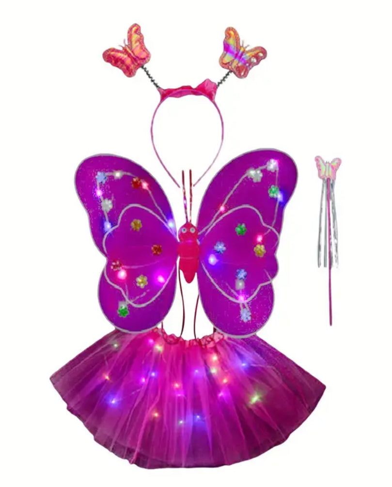 Girl's LED Fairy Costume Set, Butterfly Wings + Tutu Skirt Headband, Wand, 3Y-14Y