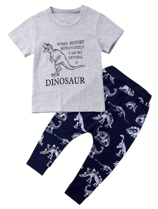 Boys Dinosaur Print Casual Outfit Round Neck T-shirt & Pants Kids Summer Clothes Sets