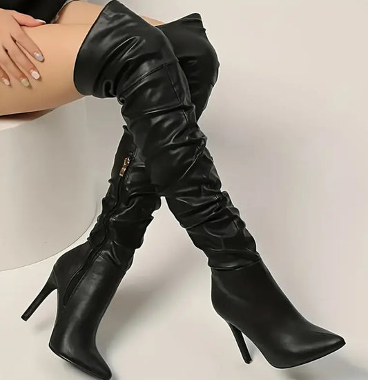 “Midnight” Over-the-Knee Stiletto Boots With Side Zipper And Stretch Fit