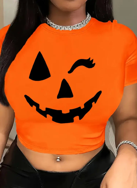 Halloween Print Short Sleeve Crop T-shirt, Casual Crew Neck Top, Women's +Teens