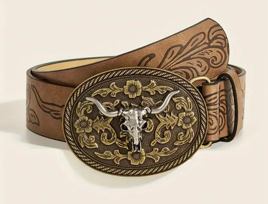 1pc, Vintage Style Cow Head Buckle Belt - Timeless Western Fashion