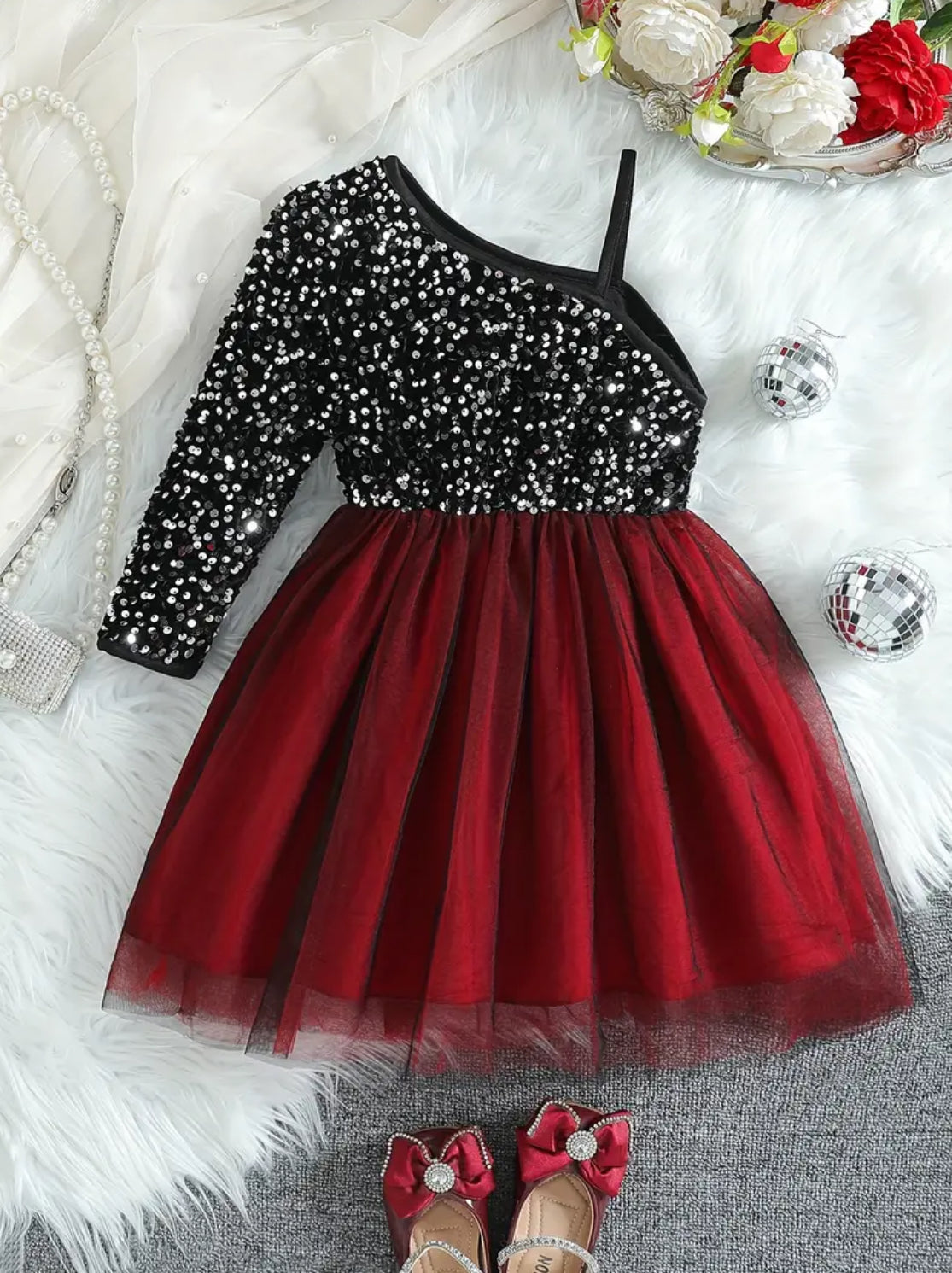 “The Holidays” Dress with Black Sequins & Bow - Perfect for Parties, Youth