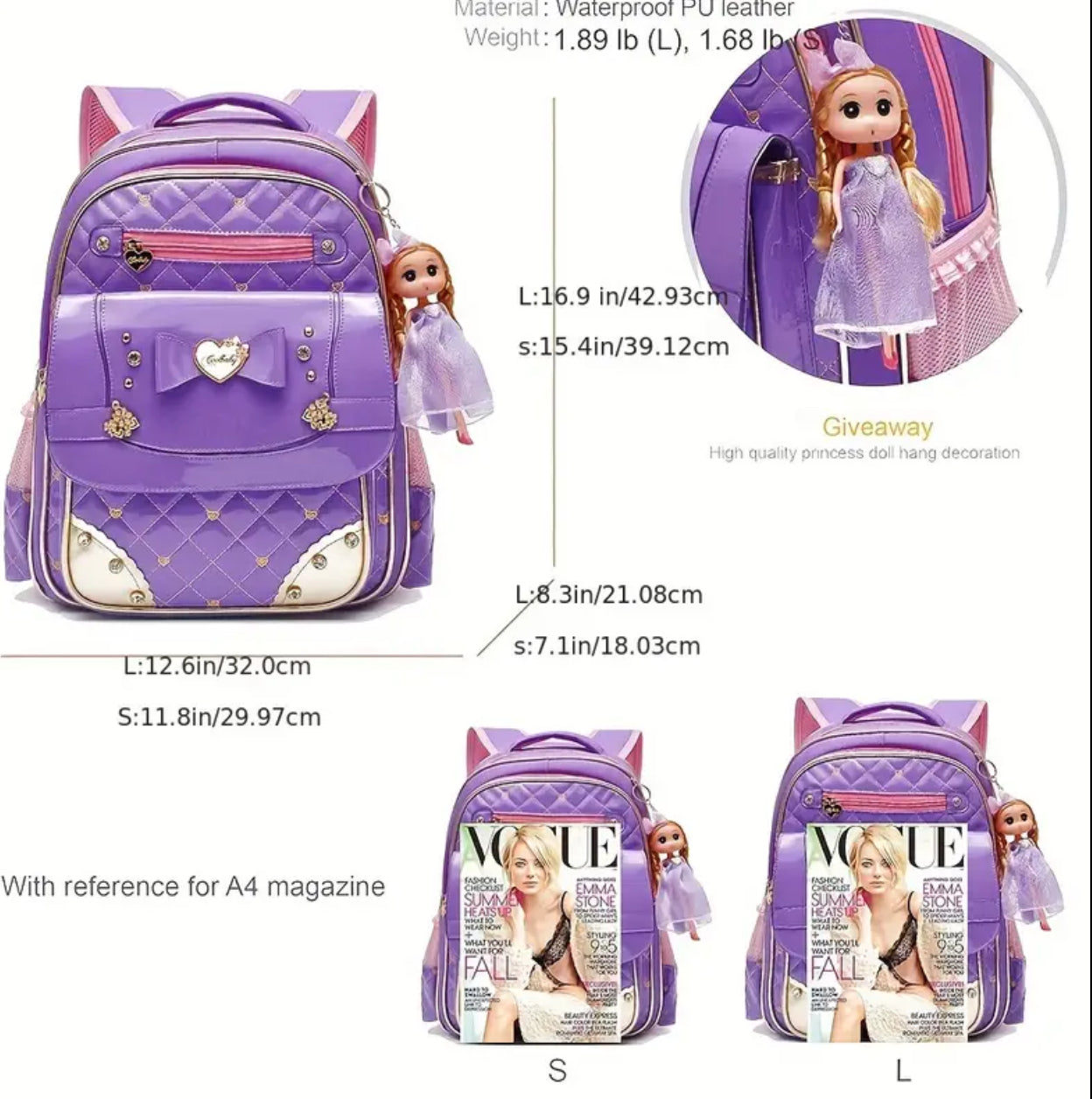 “Lavender Hailey” Backpack & Hailey Doll Pendant for Girls, Waterproof 💜