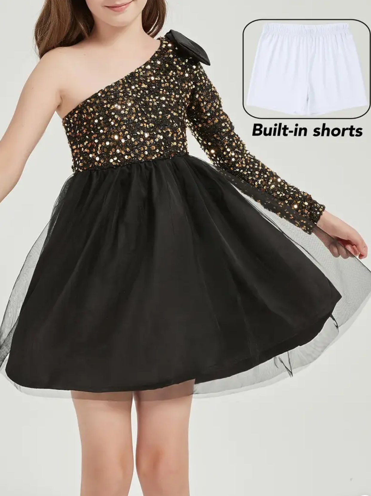 Party Mesh Tulle Spliced,Sequin Dress One-Shoulder Princess Dress Youth