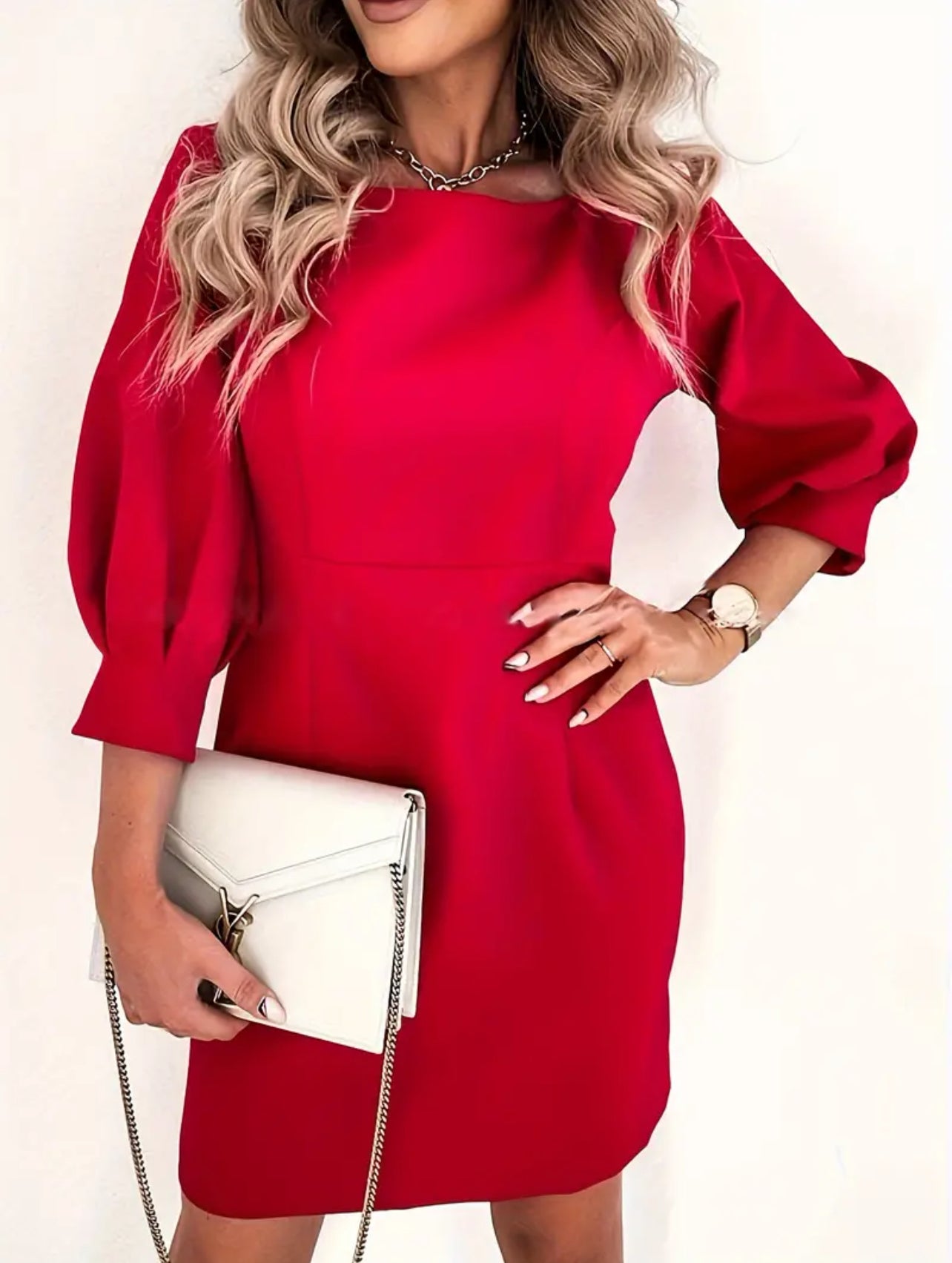 Paint the town Red, Solid Open Back Mini Dress, Elegant 3/4 Sleeve