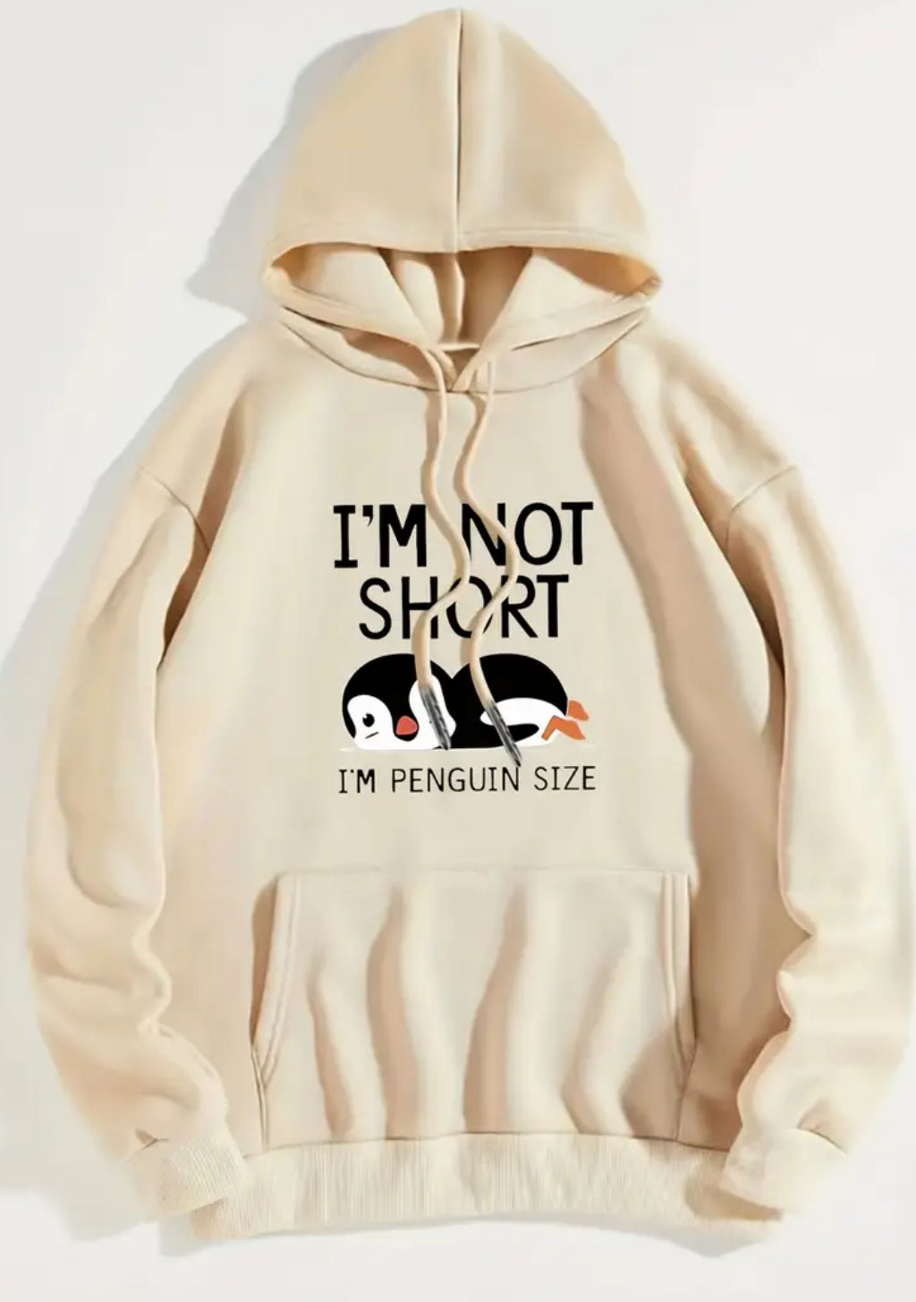 “I’m Not Short” Penguin, Casual Comfy Kangaroo Pocket & Long Sleeves Hoodie Sweatshirt, Women’s S-2XL