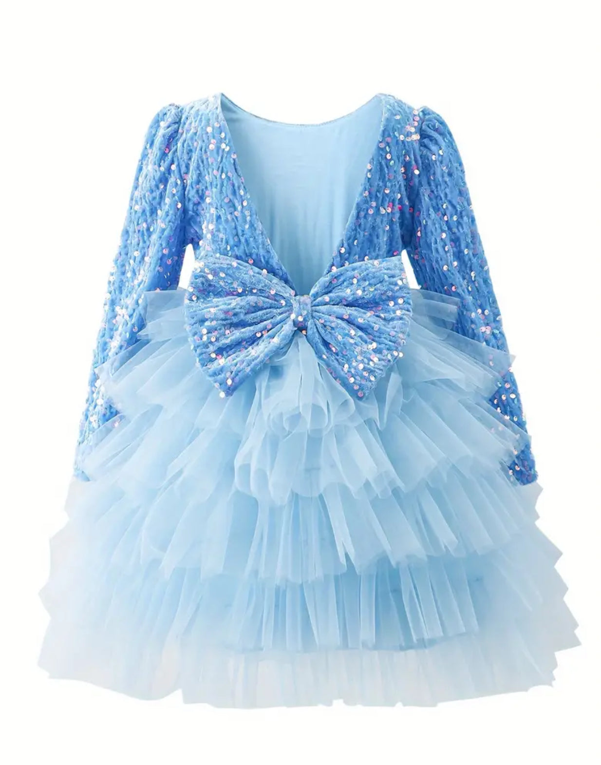 “Pink Blue Bibbidi-Bobbidi-Boo” Elegant Princess Dress with Sequin Detail - V-Back, Long Sleeve, Layered Tutu