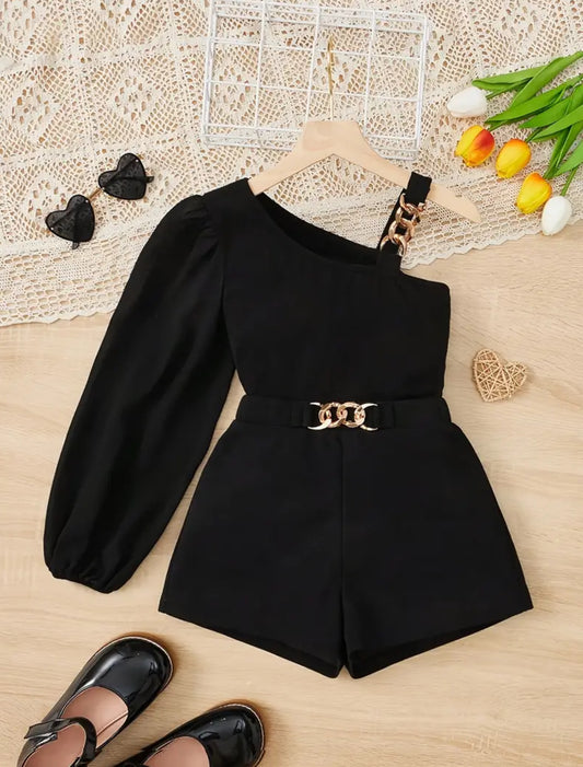 Girl's 2PCS Buckle Belt One-Sleeve Top + Solid Shorts Set