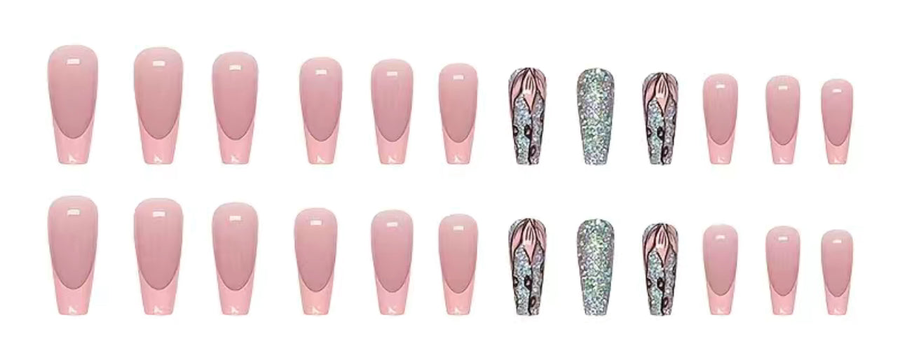 24pcs Glossy Long Ballerina Nails, Pinkish French Tip Press On Nails With Shiny Sequin French Flower