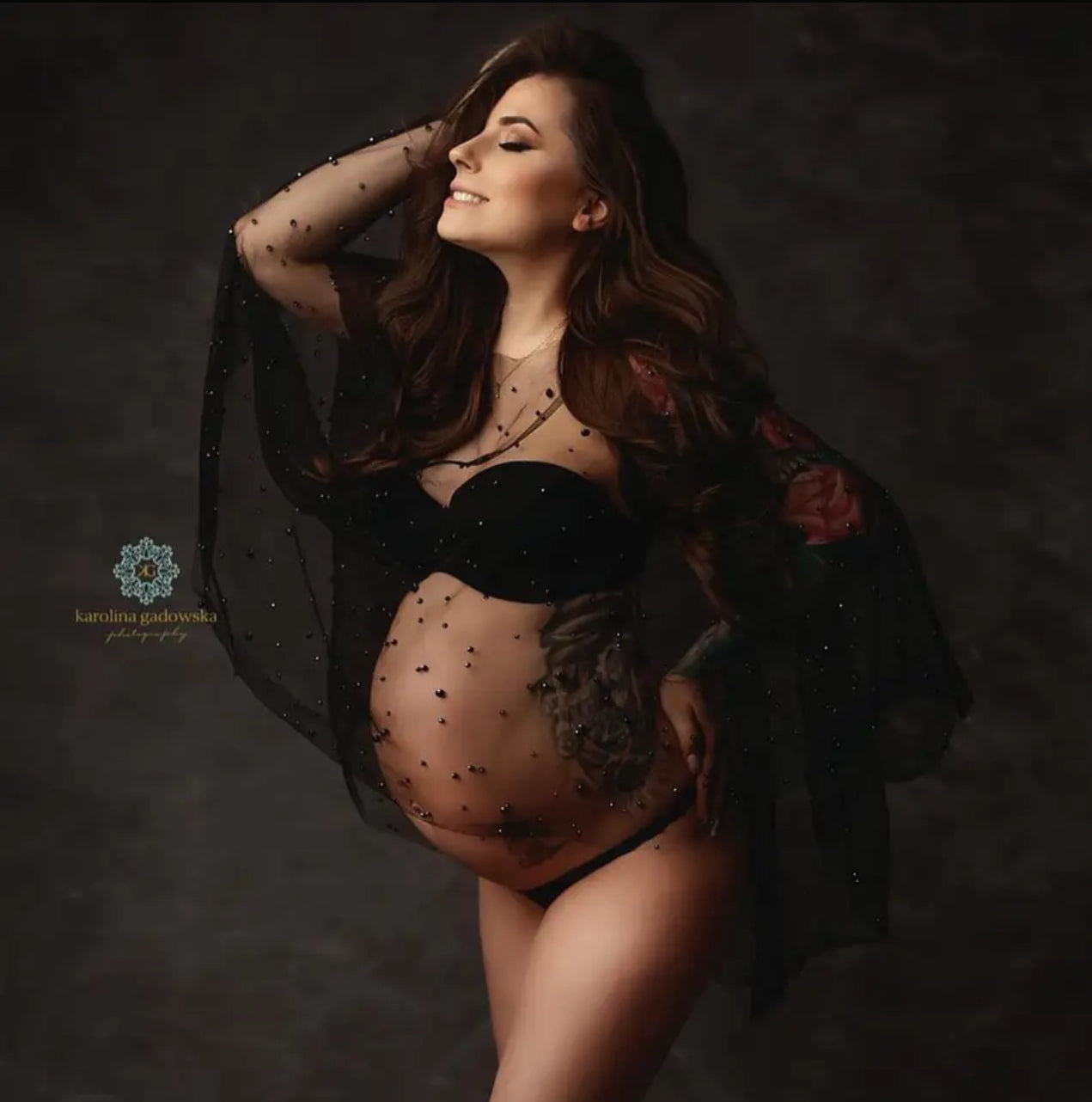 Capa tipo jersey de maternidad con perlas y tul sexy para fotografía