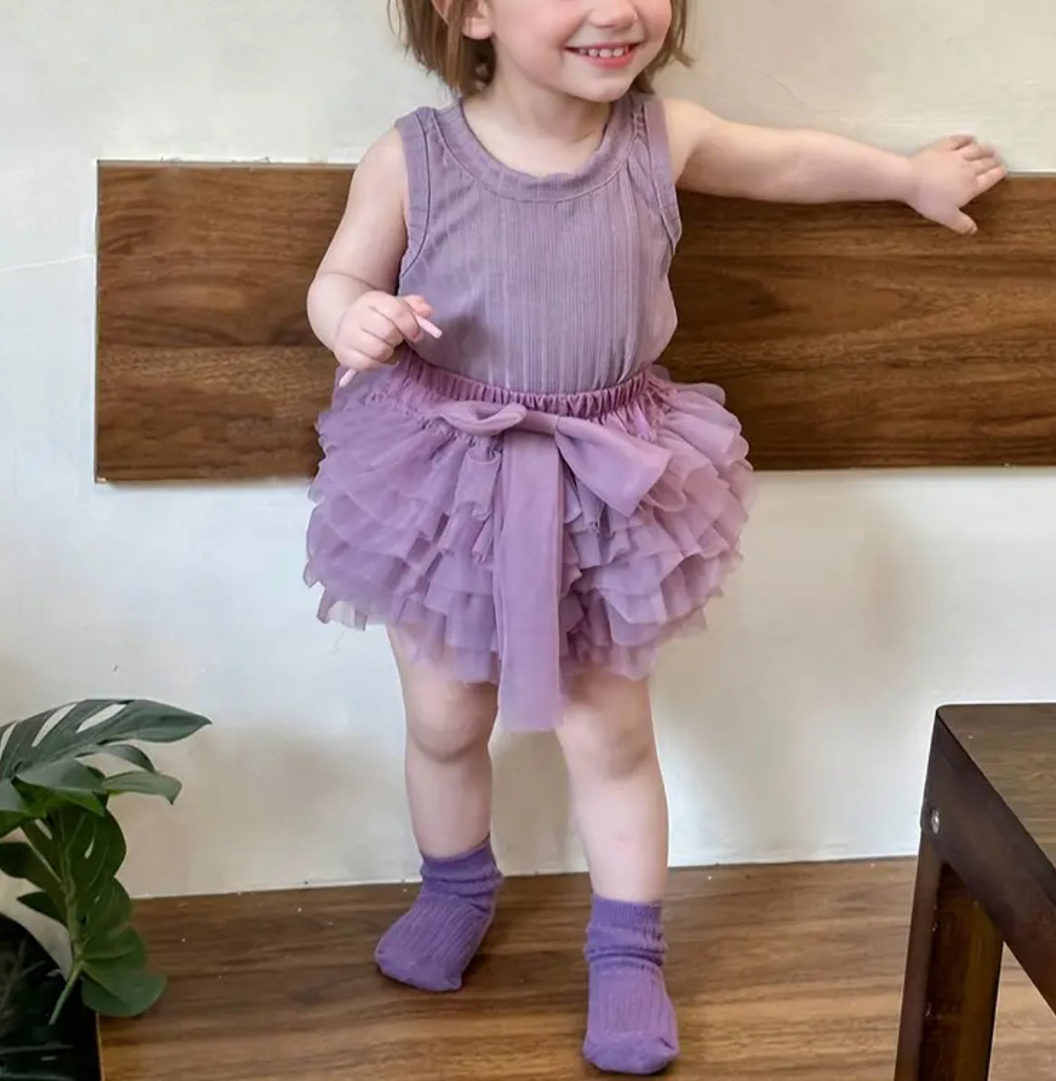 “Lilac” Ribbed Top, Bow Accent + Multi-Layer Mesh Tutu Skirt, 2-Piece