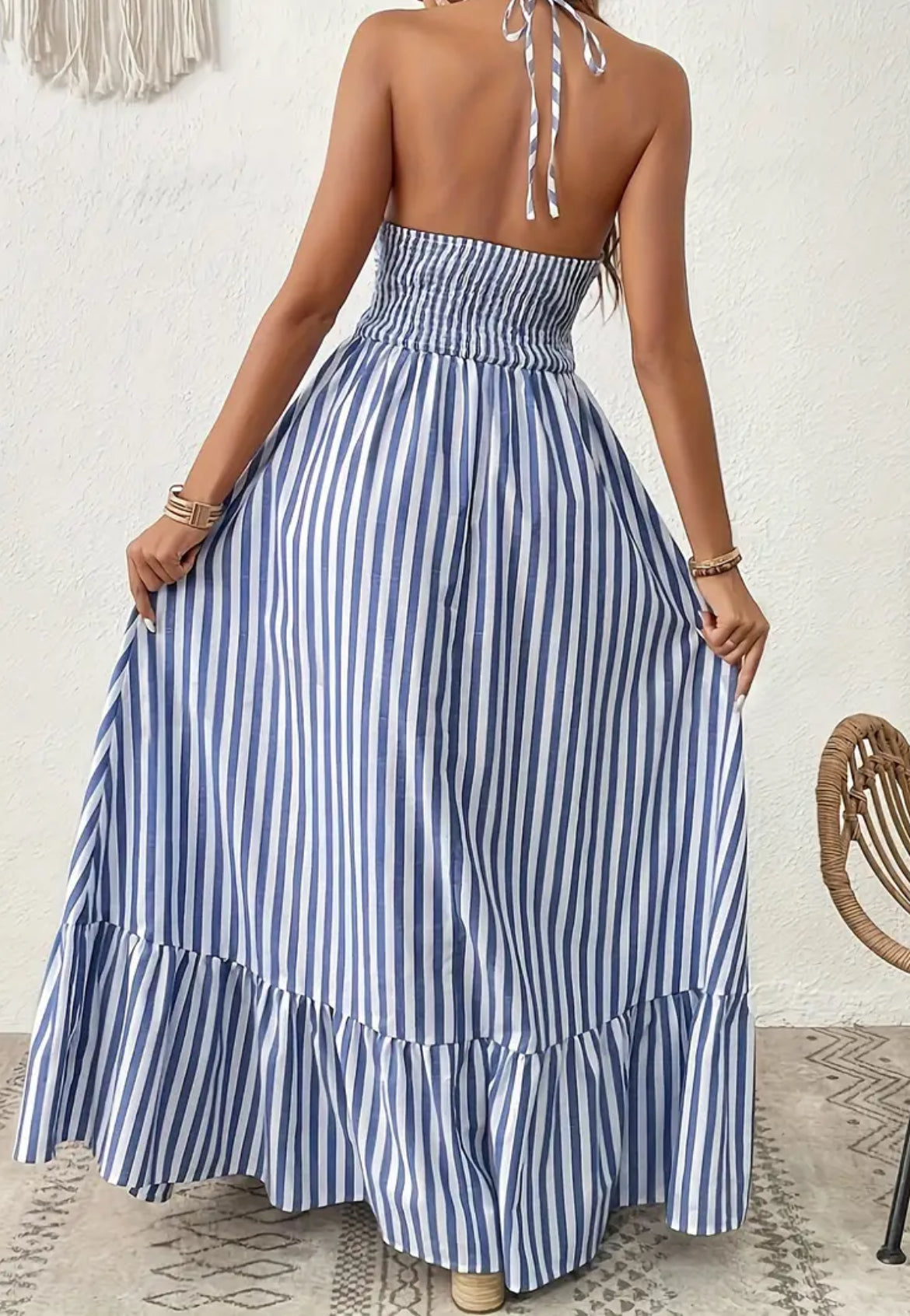 Striped Cut Out Halter Neck Dress, Vacation Style Open Back Maxi Dress