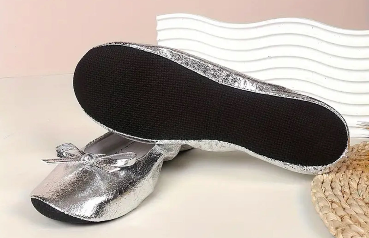 Metallic Pink “Portable Feet Savers” Women's Metallic Flat Shoes, Casual Slip On + Carry Along Bag