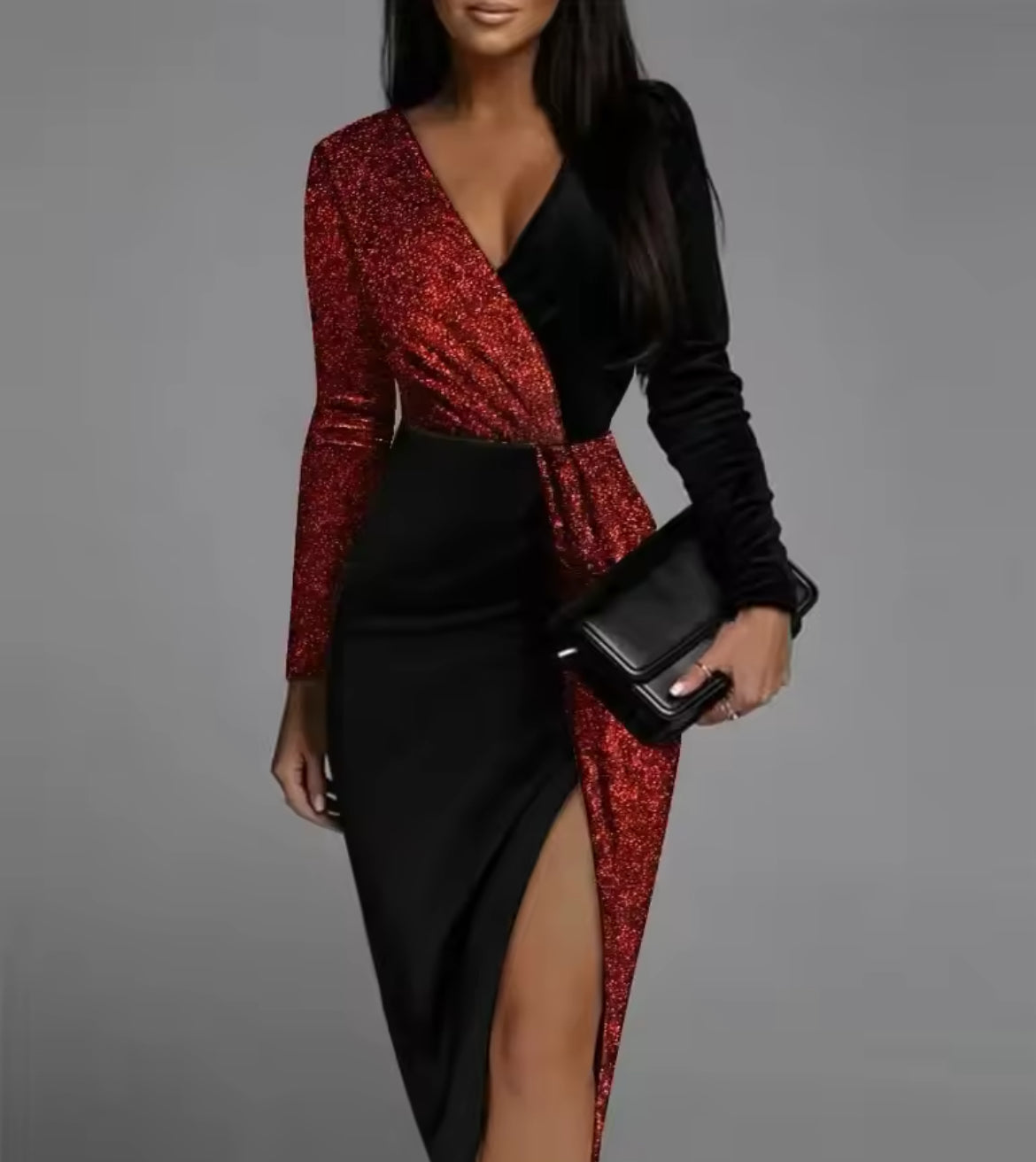 Luxury Splice High Waist Elegant Sequins, Long Sleeve Split Gown