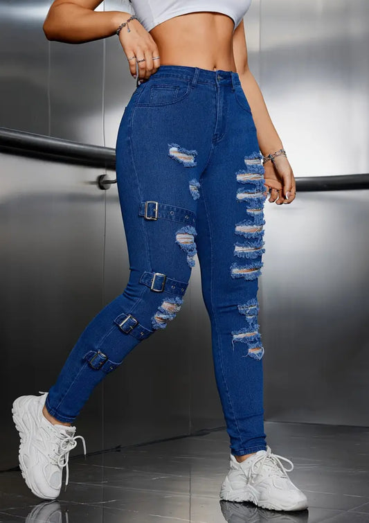 Hebilla ajustable, jeans ajustados elásticos de cintura alta con detalles rotos, estilo urbano moderno