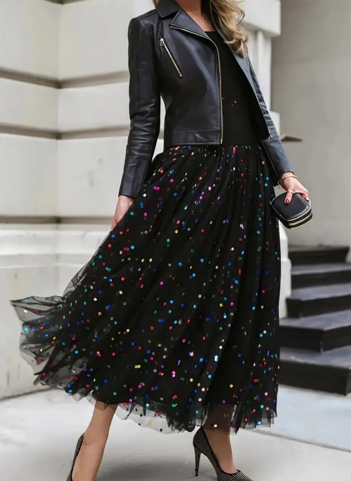 Pleated “Sparkling Sequin” Mesh Skirt - Stretchy Elastic Waist, Machine Washable, Solid Color