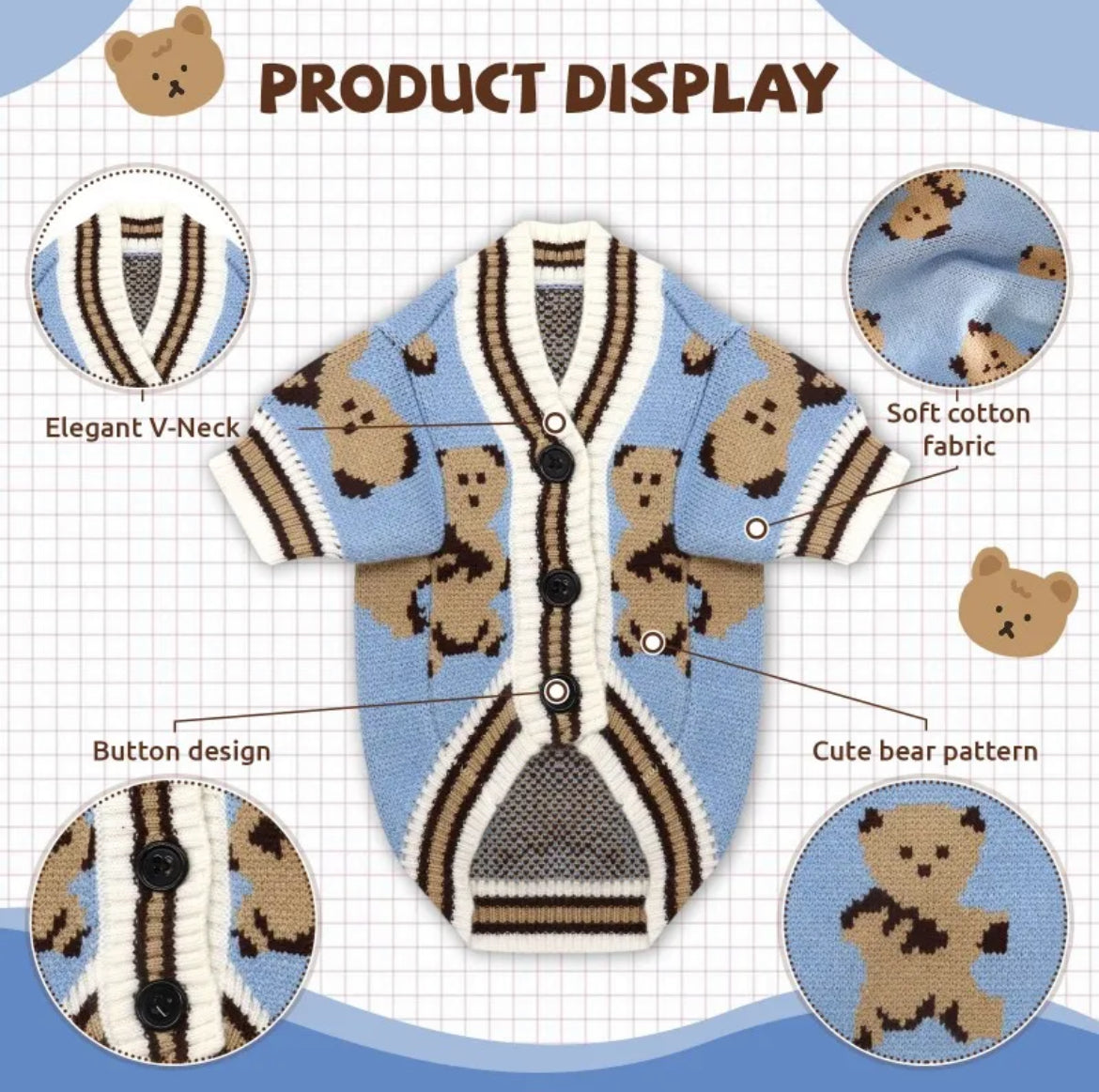 Pet Sweater, Modish Bear Pattern Cardigan, Glam 🐾 Paws