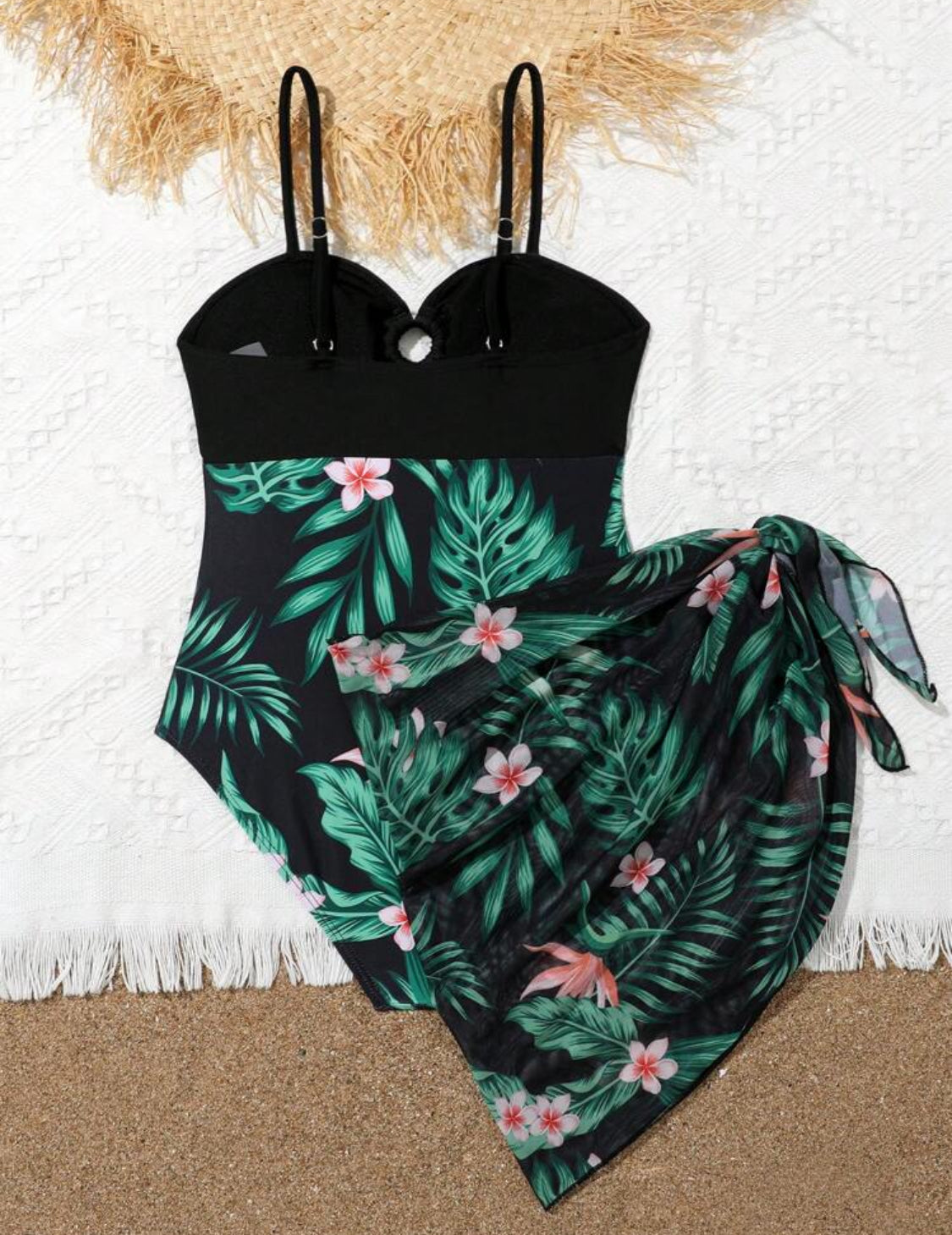 Girls’ Tropical Splice Hollow Out One-Piece Swimsuit & Mesh Skirt Cover-Up