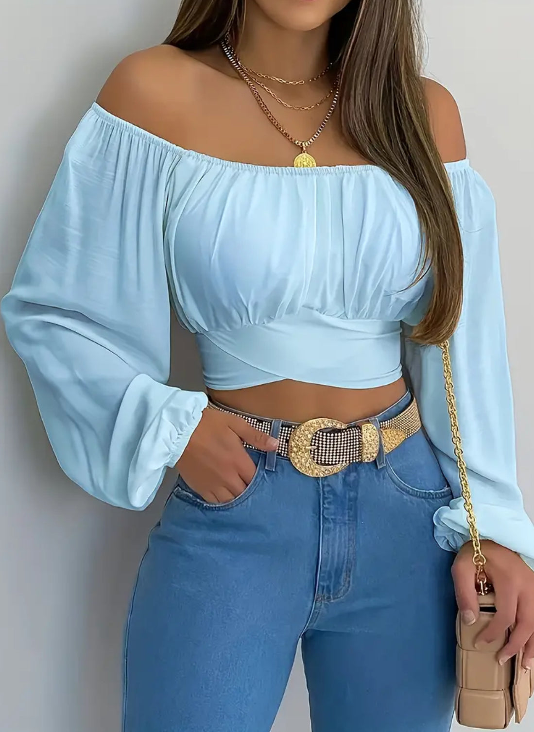 Women's Solid Cross Tie Back Crop Blouse - Casual Off Shoulder Long Sleeve Top