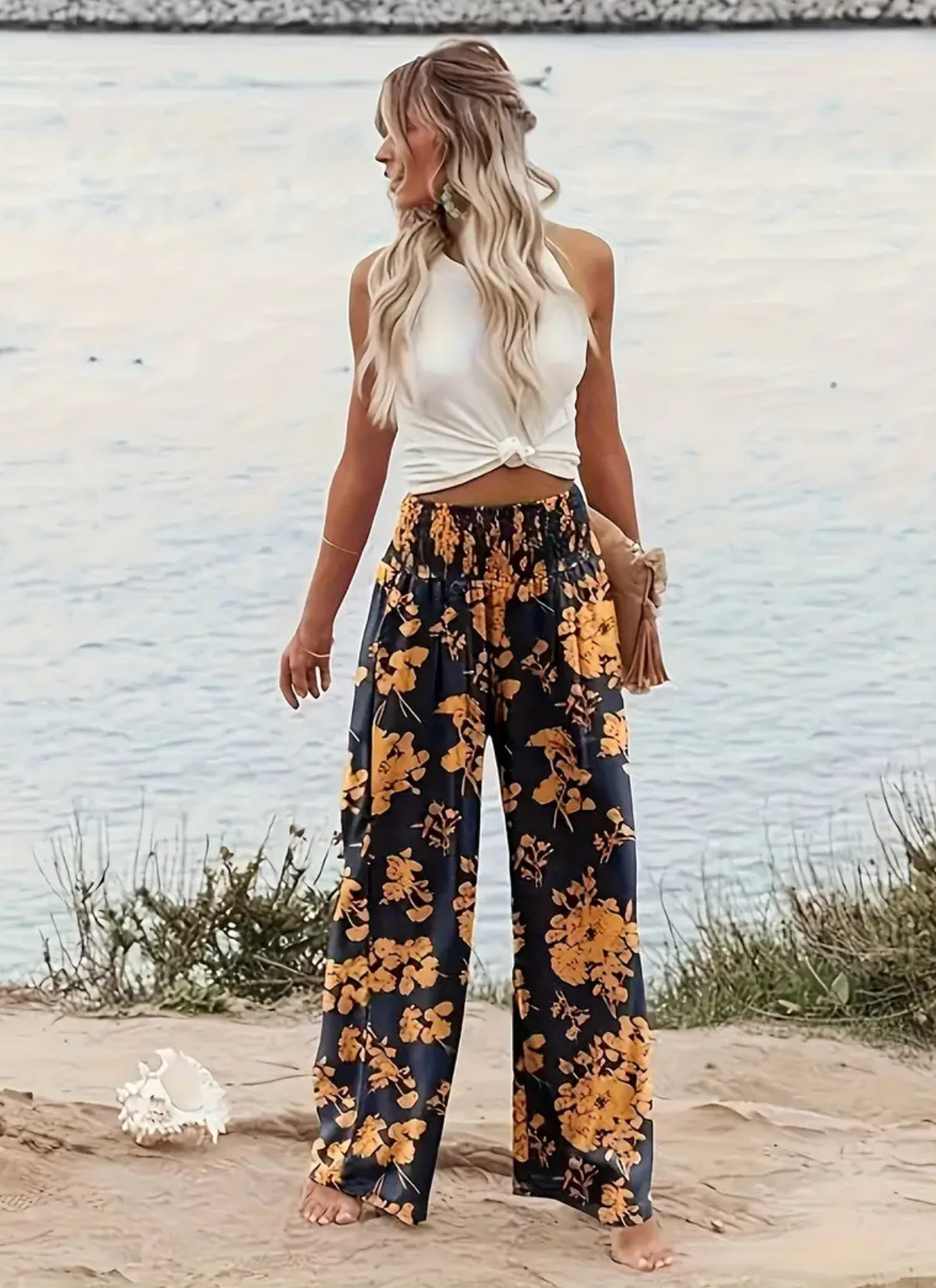 Vibrant Floral Wide Leg Pants - Shirred Waist, Loose Fit