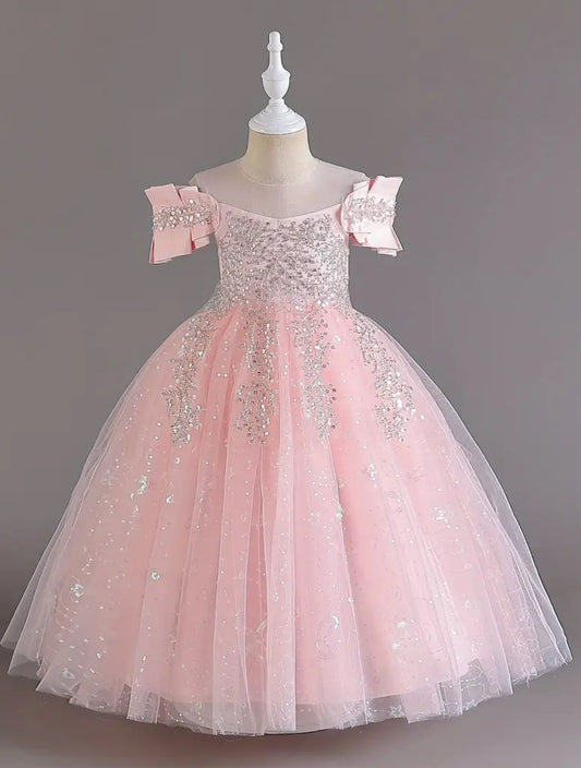 Vestido elegante para niñas con hombros descubiertos y malla con lentejuelas “Dreamy”