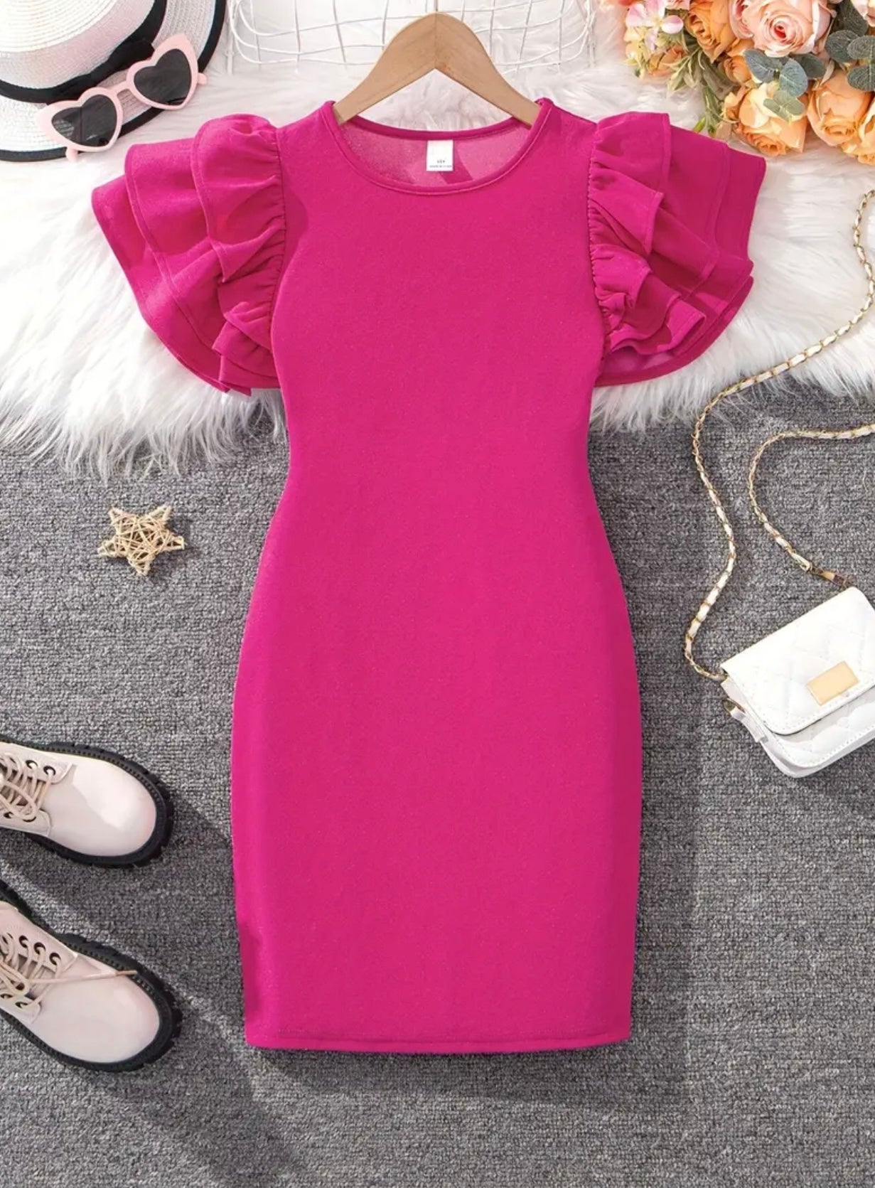 “Hot Pink” Elegant Girls Dress with Ruffle Short Sleeves