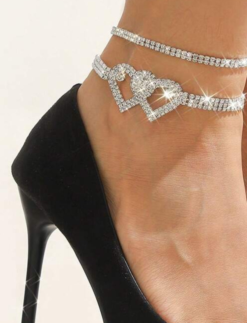 2Pcs, Bling Heart Pendant, Double Layer Rhinestone Anklet