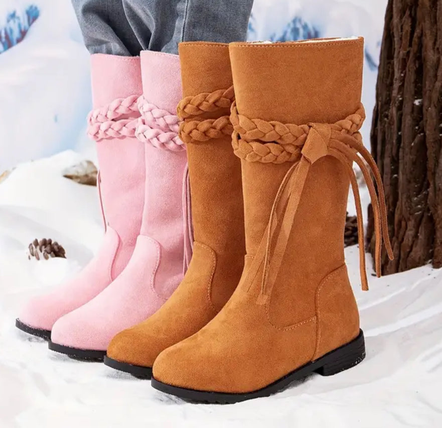 “Indie Princess Boots” Braided Tassels, Warm Fleece-Lined, Zip Closure, Knee-High Winter Riding Boots