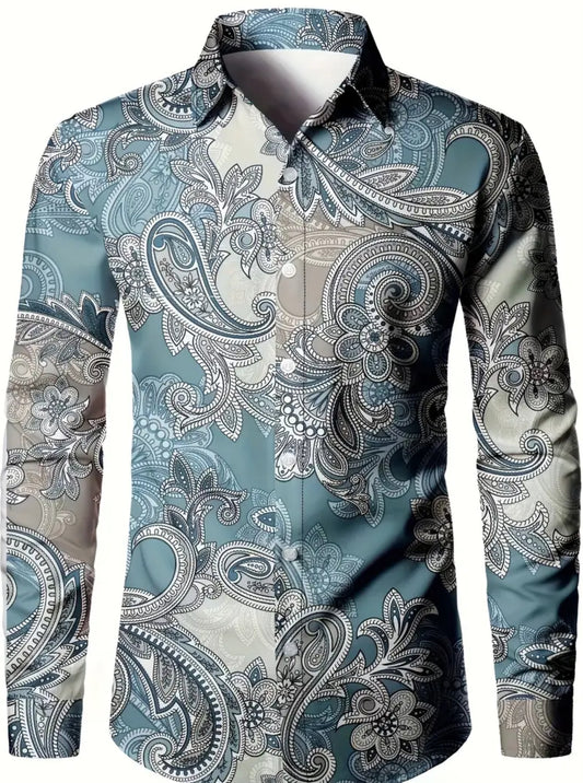 Camisa informal elegante de manga larga con estampado de cachemira para hombre