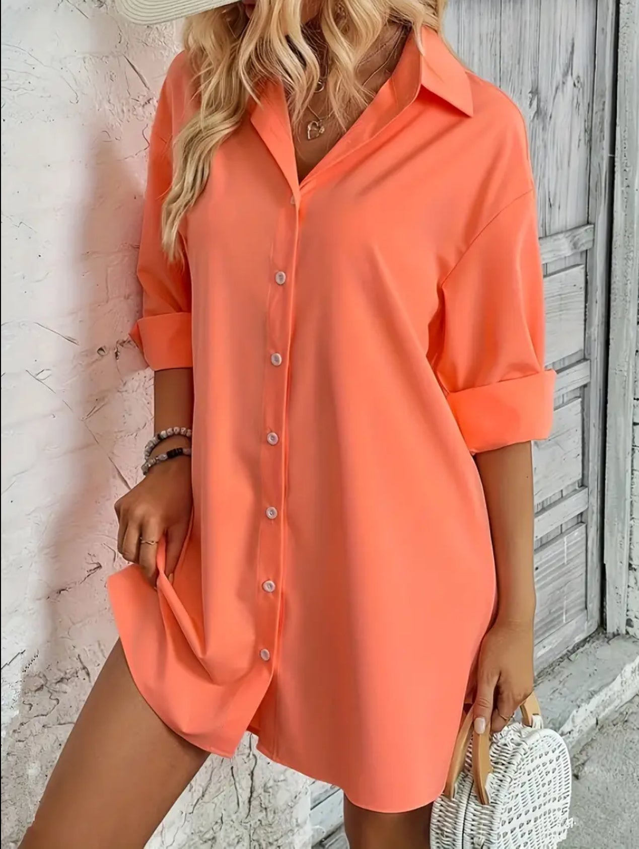 Tangerine 🍊 Solid Button Front Long Sleeve Blouse