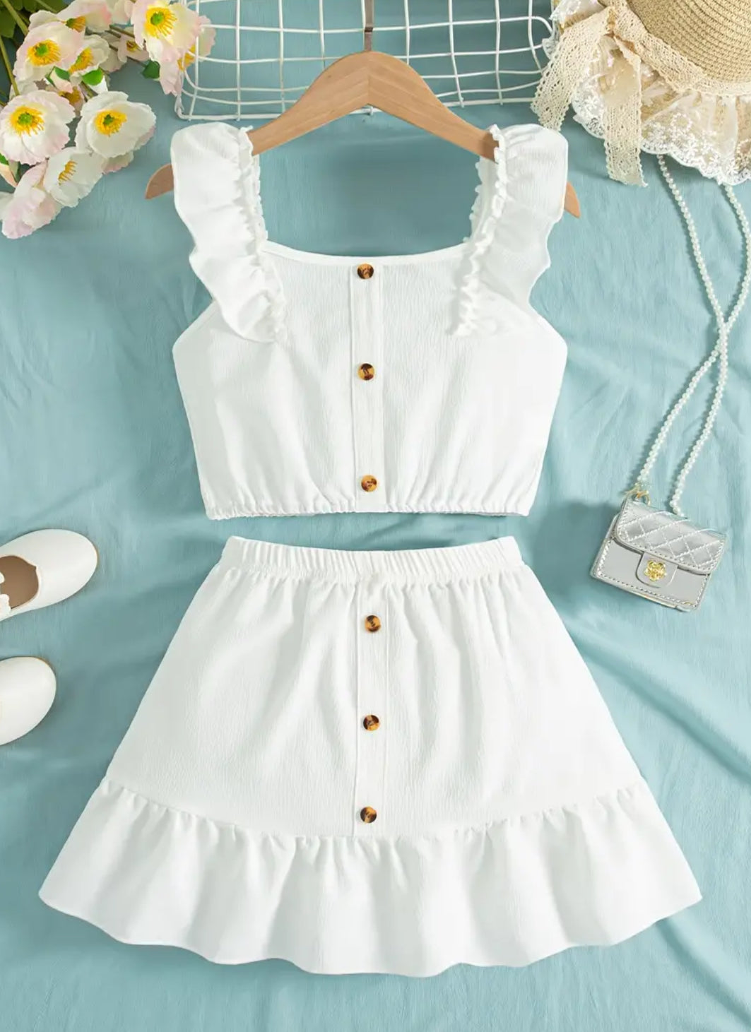 Sleeveless Ruffled Top + Faux Button Skirt Set