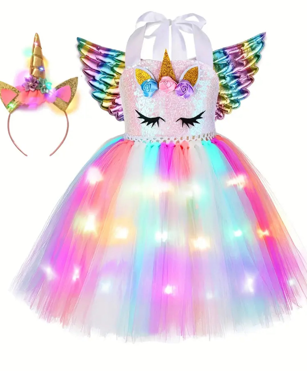 Vestido de princesa con purpurina de unicornio para niñas con luces LED