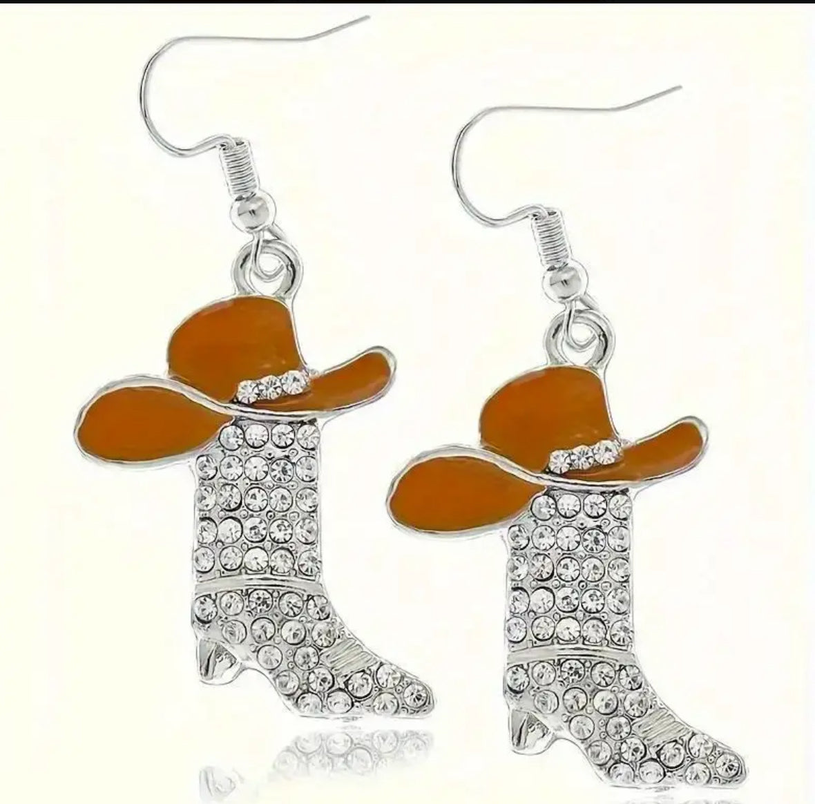 “Texas” Western Boot & Hat Earrings - Hypoallergenic Alloy, Plated White Gold, Synthetic Cubic Zirconia Accents, 1 pair