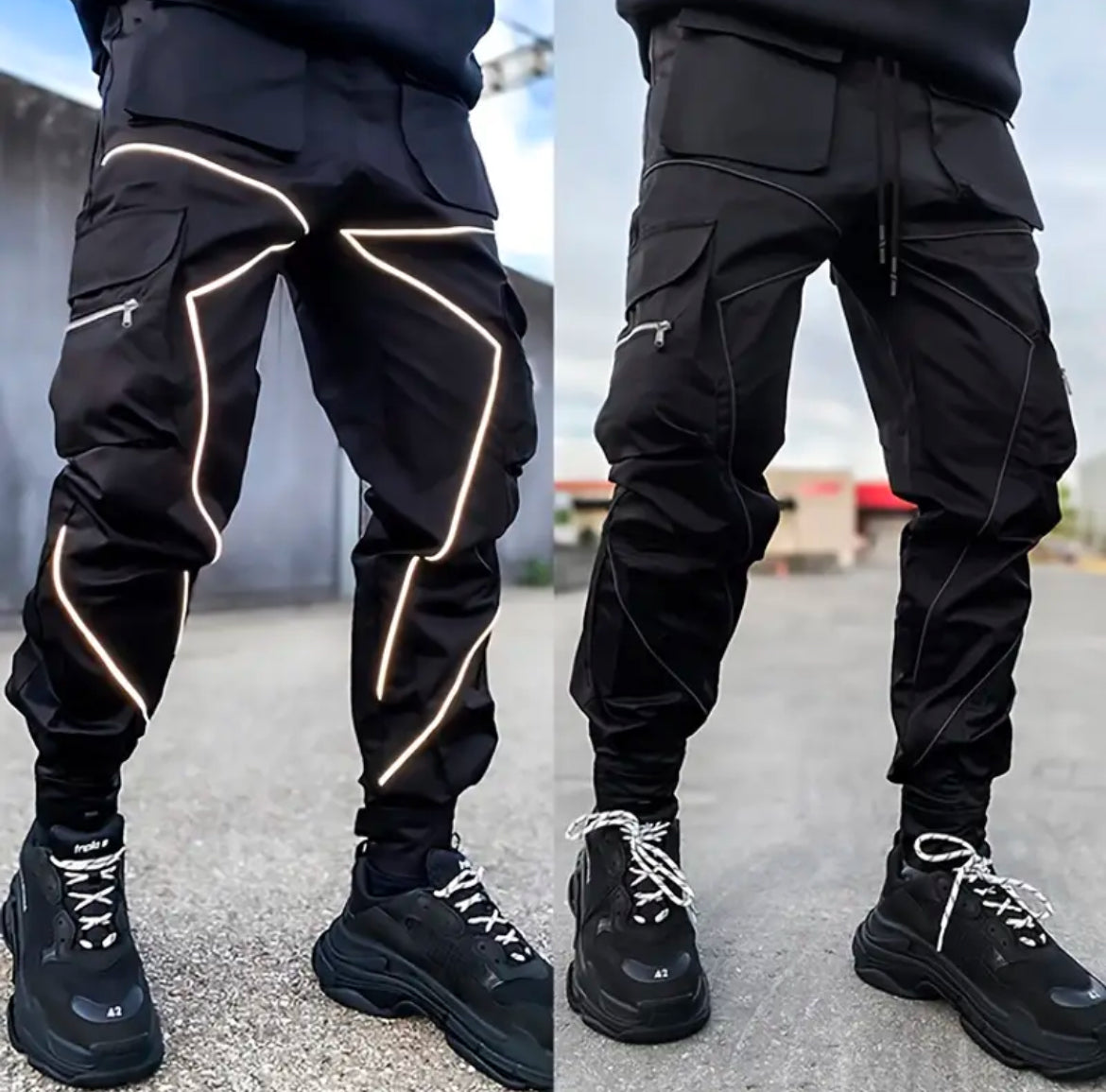 Men's Cargo Pants - Loose Straight Sports Joggers with Multi Pockets & Reflective Details