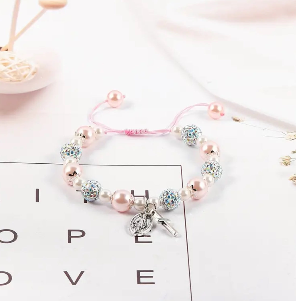 1pc White/ Pink Crystal Beads, Adjustable Hand String Bracelet, First Communion Gift Card, Youth