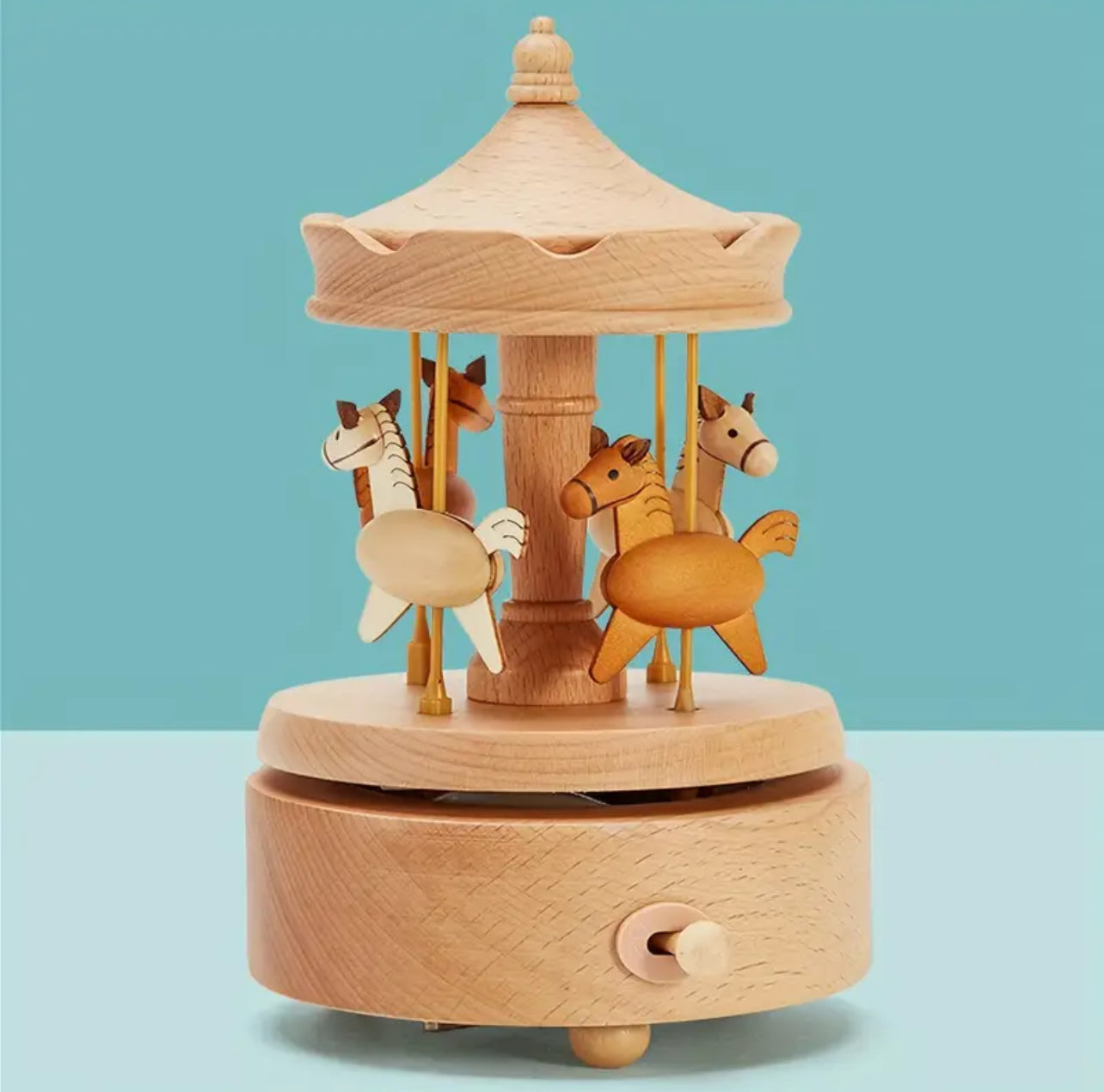 1pc Wooden Music Box, Cute Horses Rotating Carousel