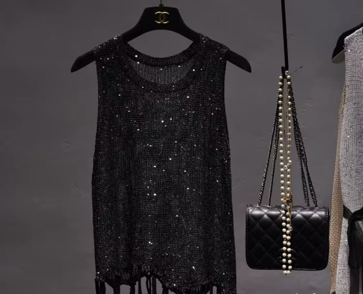 Shiny Bling Sequined Tassels Knitted Vest Tank Top