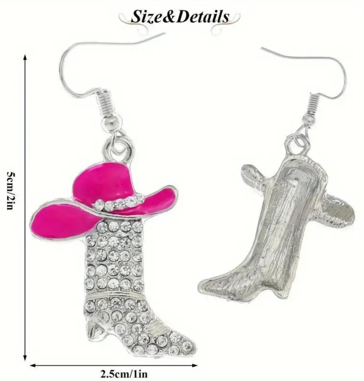 “Texas” Western Boot & Hat Earrings - Hypoallergenic Alloy, Plated White Gold, Synthetic Cubic Zirconia Accents, 1 pair