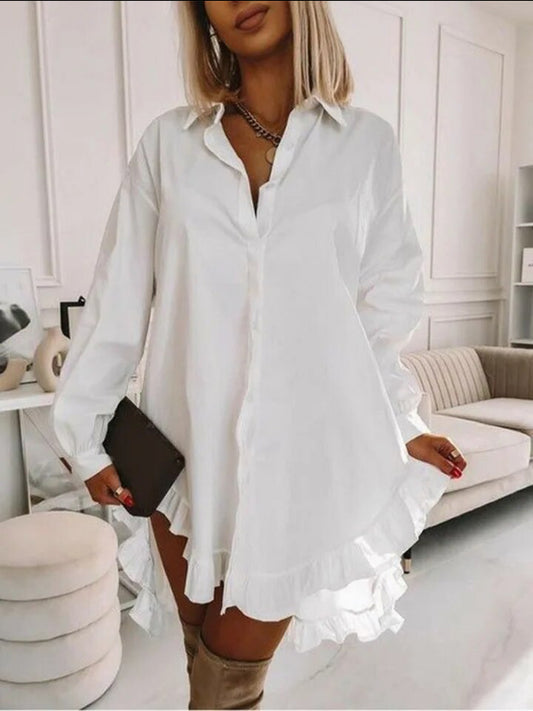 Oleander Ruffle, Oversized Casual Long Sleeve Button Front Blouse