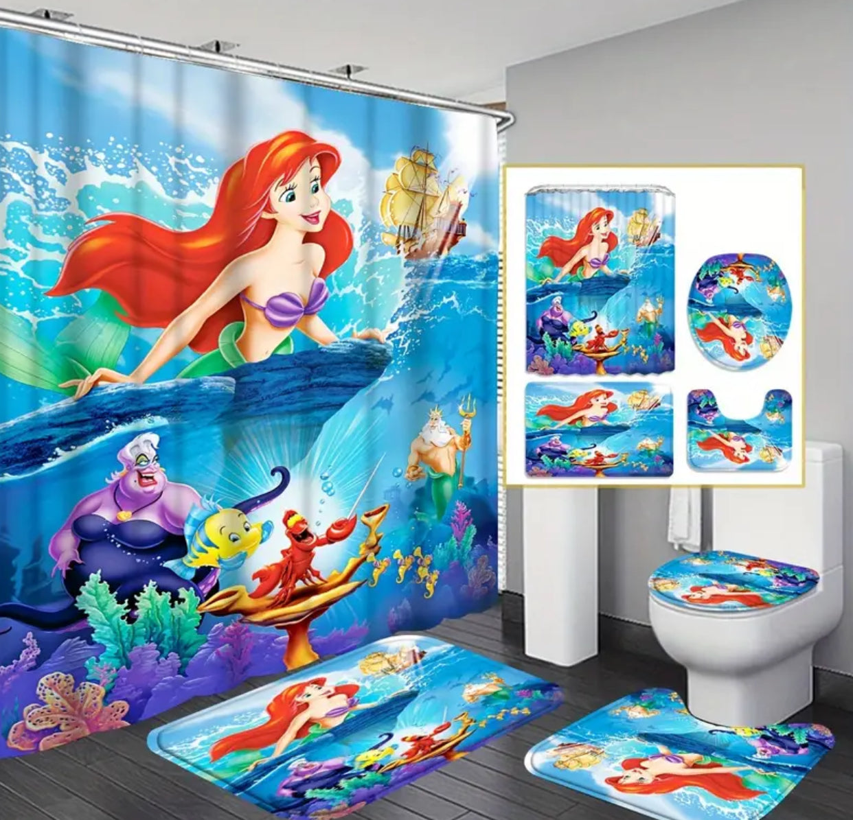 Disney’s Little Mermaid-Themed 4-Piece Bathroom Set. Hooks Included.