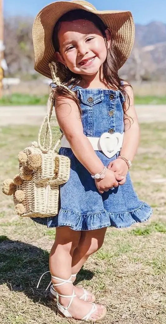 Vestido de tirantes abotonado sin mangas con volantes de mezclilla para niñas pequeñas