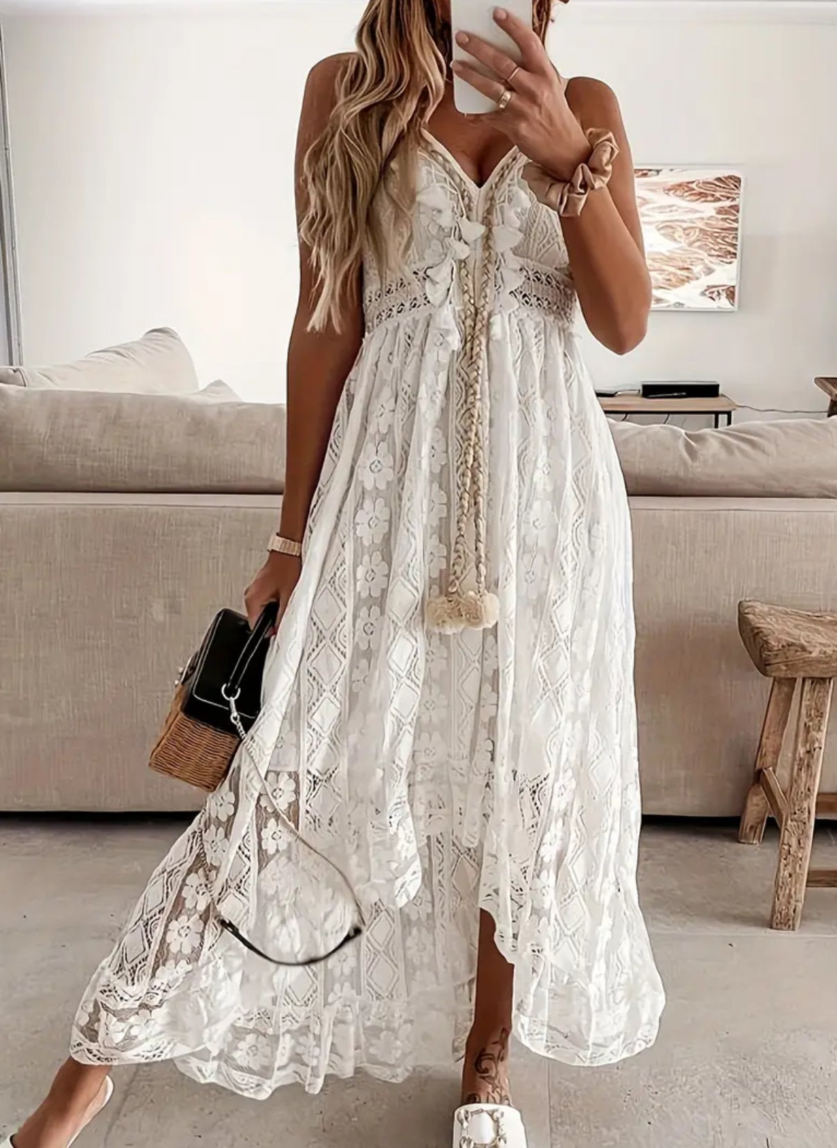 Plus Size Romantic , Contrast Lace Hollow Out, Tassel, Cami Maxi Dress