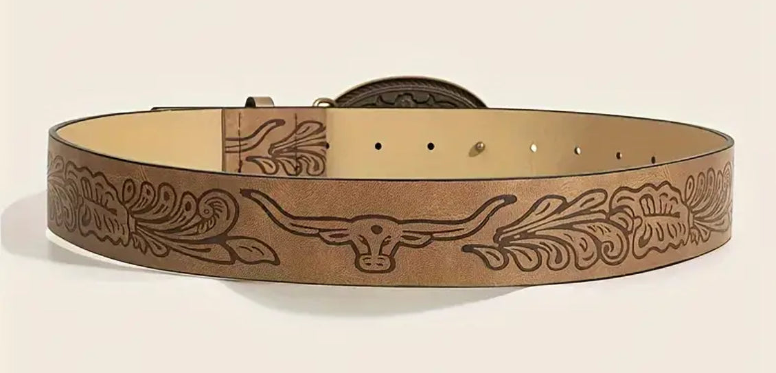 1pc, Vintage Style Cow Head Buckle Belt - Timeless Western Fashion