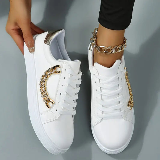 “Gold” Metal Chain Decor, Casual Versatile Faux Leather Sneakers