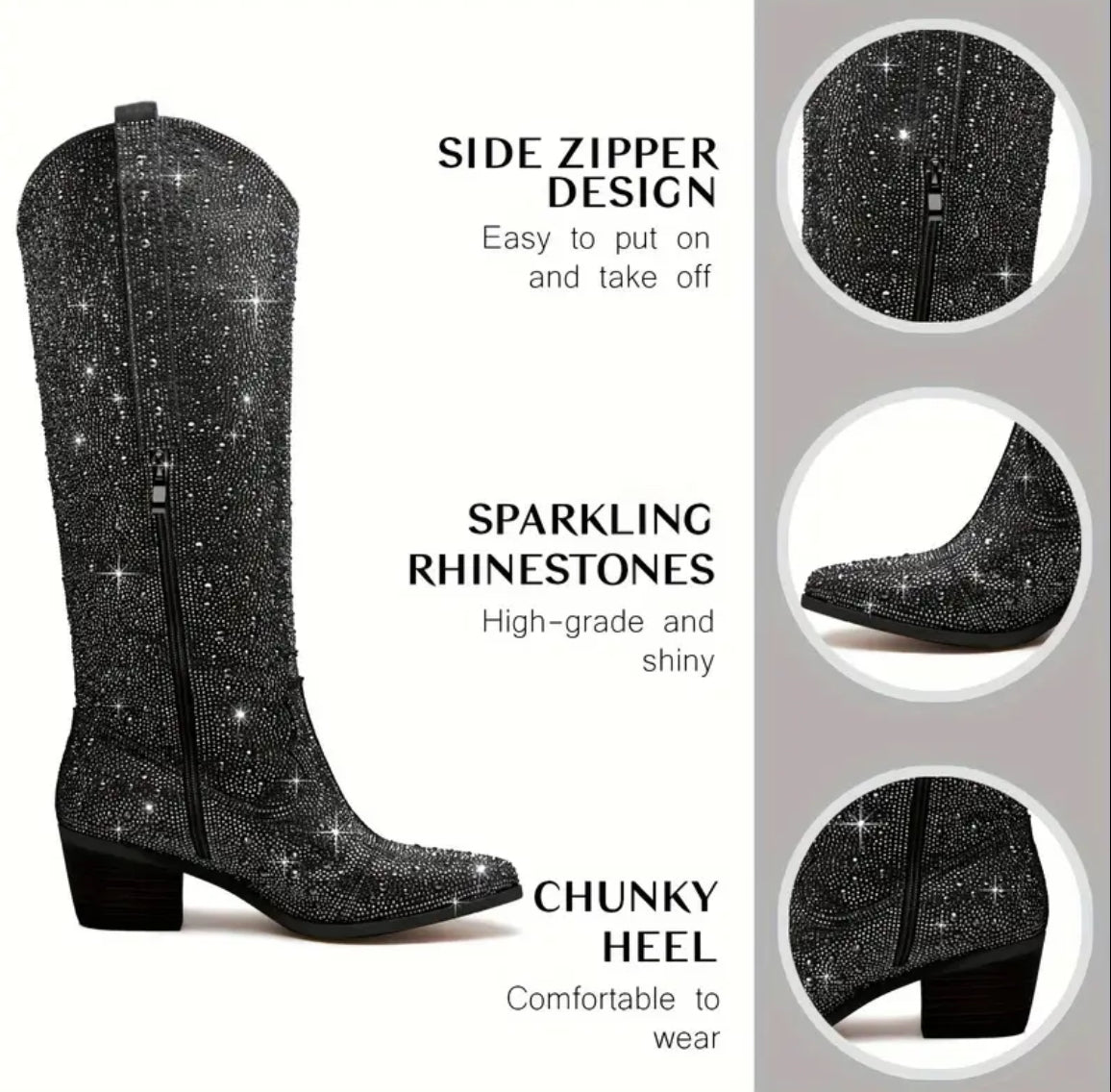 Black Hearts 🖤 Glitter, Western Rhinestone Boots