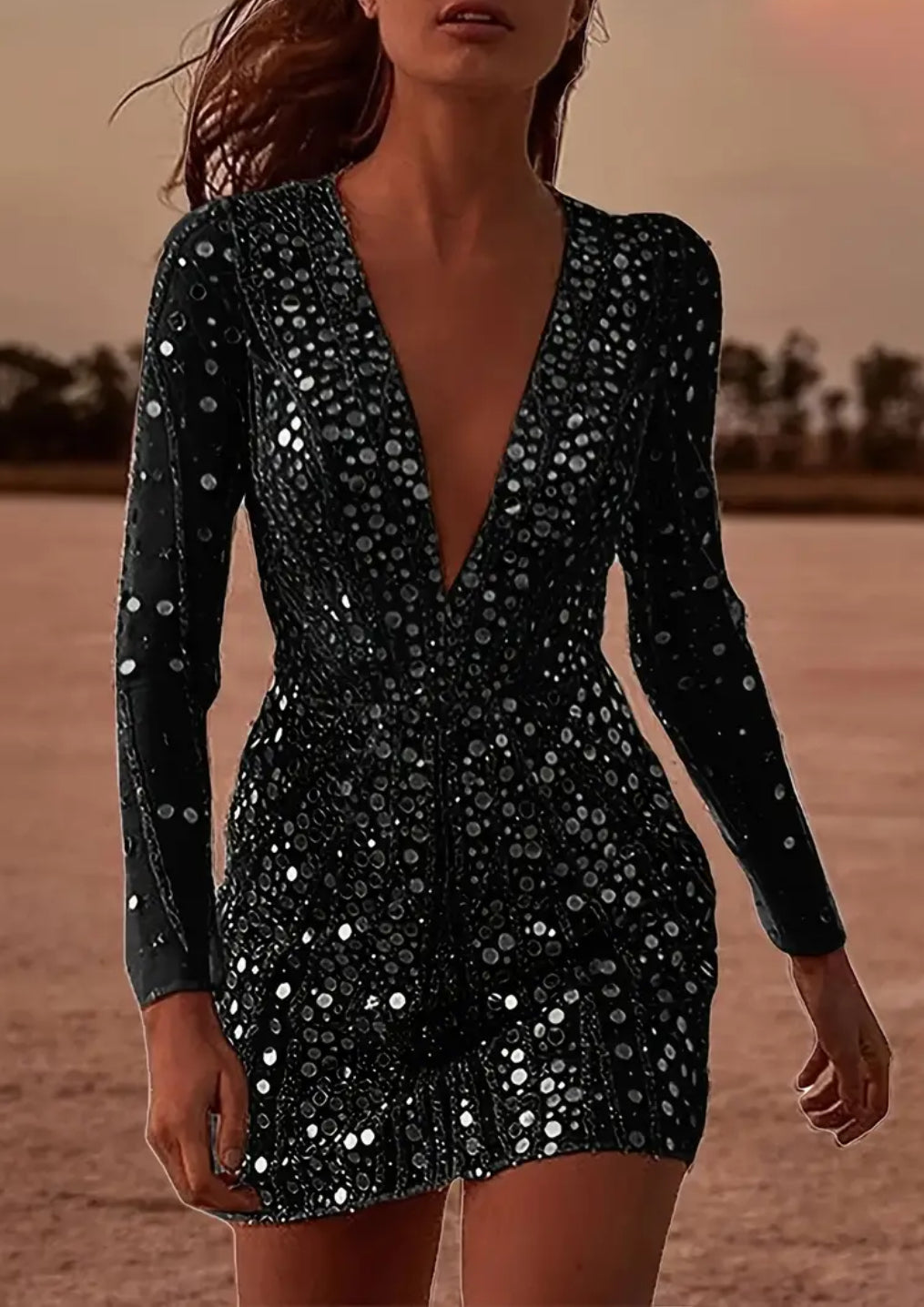 “Beautiful Light” Deep V Neck, Long Sleeve, Sequin Dress, Women’s