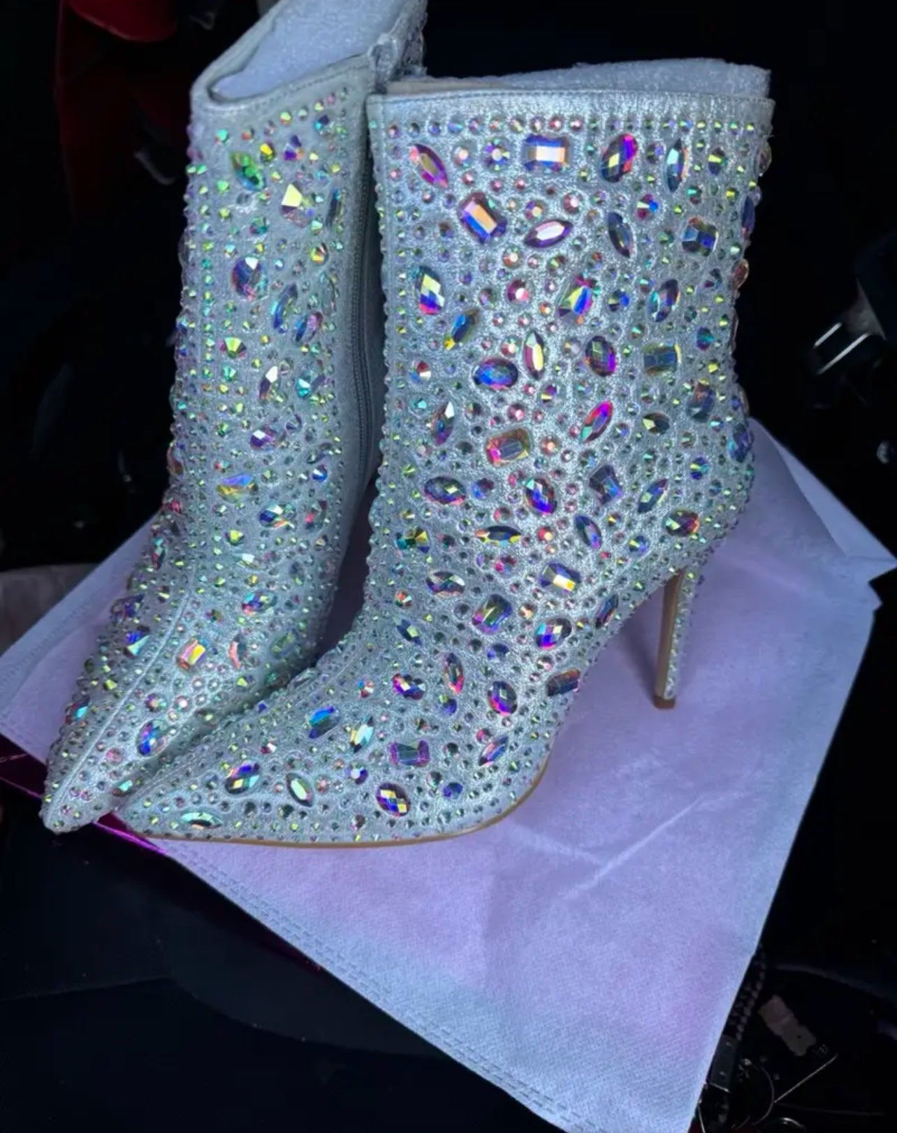 “Silvery Sparkling Rhinestone” Embellished Bootie - Mid High Heel, AB Rhinestones, Luxurious Design, Elegant Style