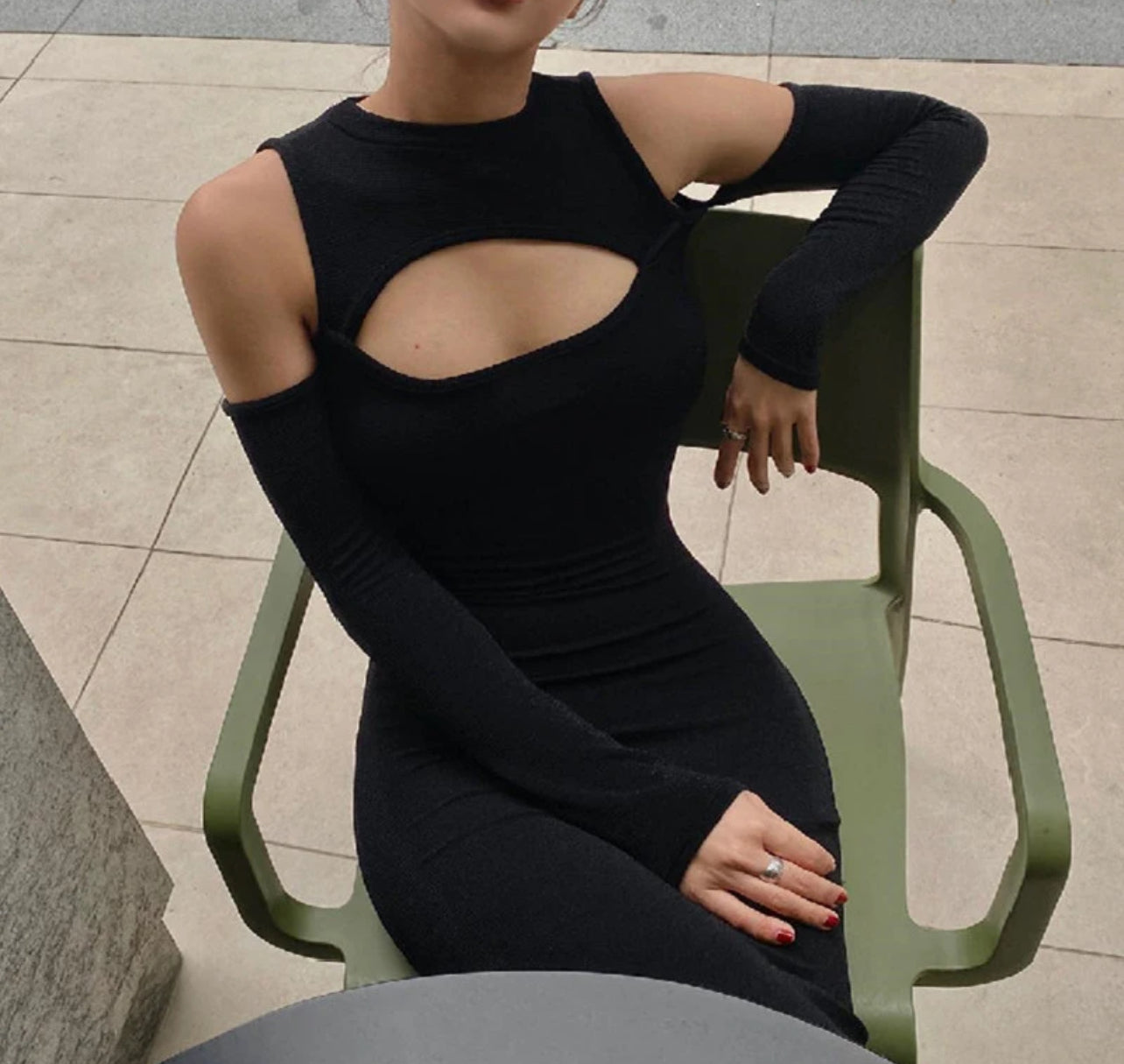 Elegant Hollowed Off Shoulder, Maxi Dress Black Sexy Long Sleeve Split Dresses