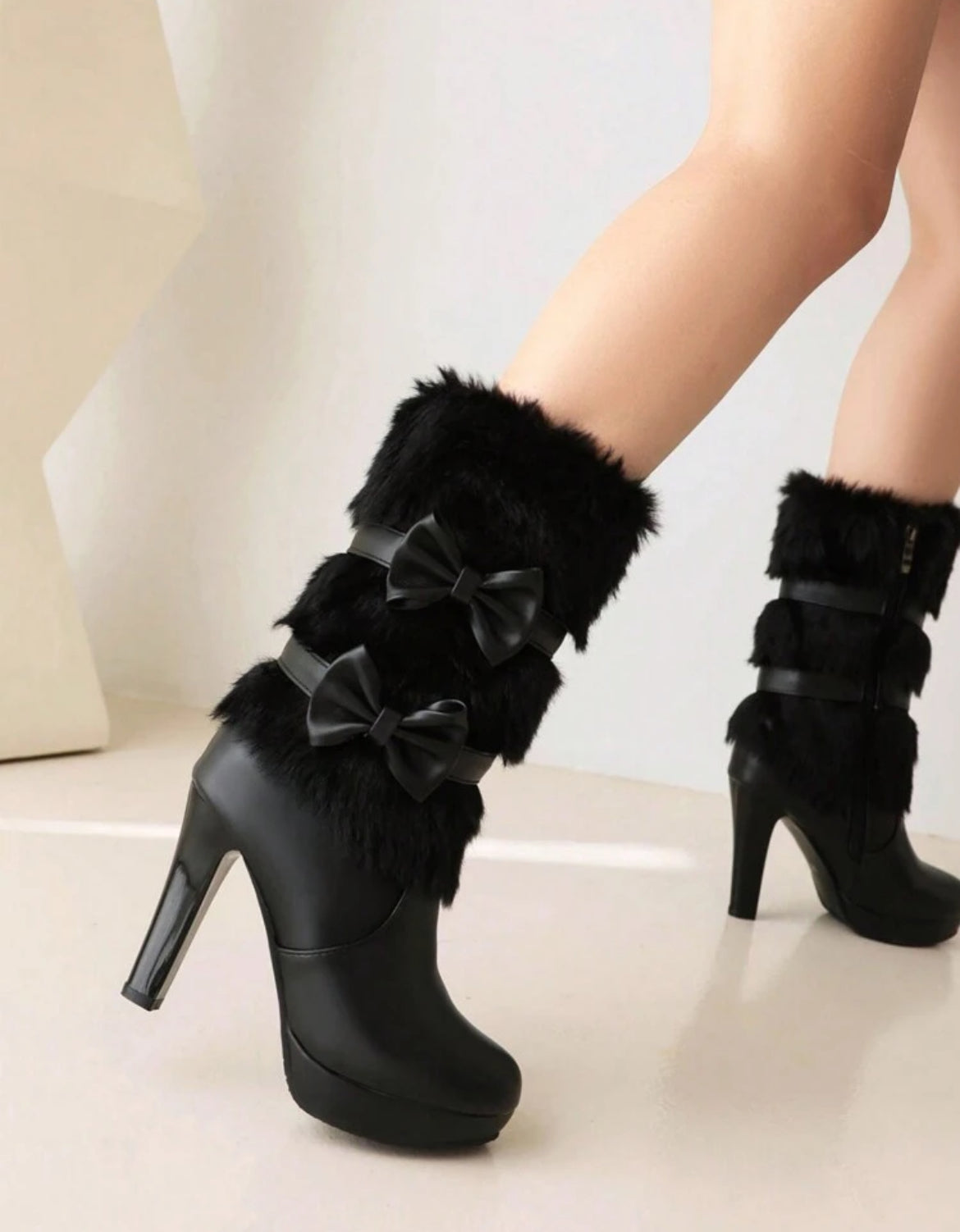 “Chic Bows” Side Zipper Elegant Boots, Mid-Calf, Pointed Toe, Slim Heels